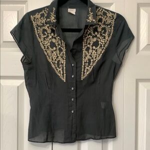 Embroidered Black Button Down Shirt